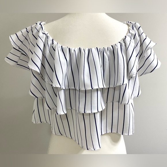 She + Sky Womens L White Blue Stripe Ruffle Flowy Crop Top Boho Y2K Maximalist - Picture 5 of 14